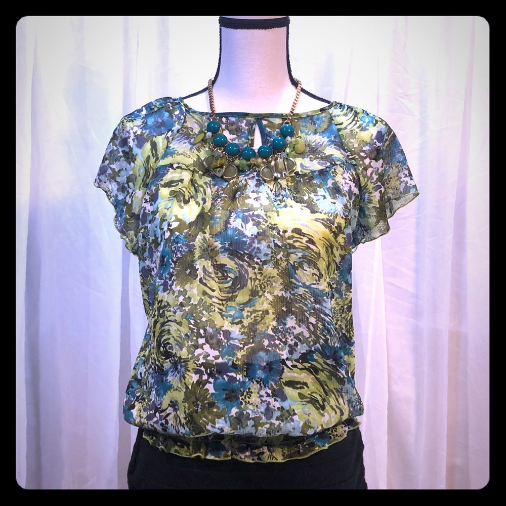 Speechless Sheer Ruffled Sleeve Keyhole Neck Top